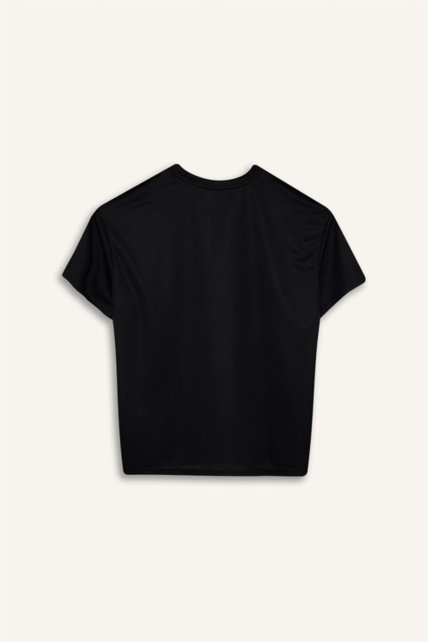 Kadın Siyah Oversize Geniş Kalıp Bisiklet Yaka Baskılı Sporcu Kısa Kollu Tişört