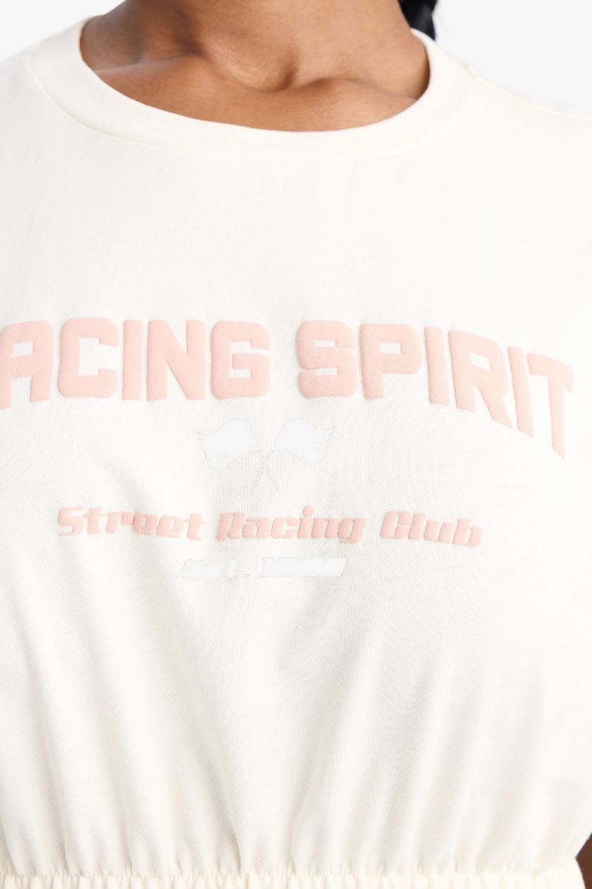 Kadın Ekru Cropped Fit Bisiklet Yaka Baskılı Sporcu Kısa Kollu Tişört