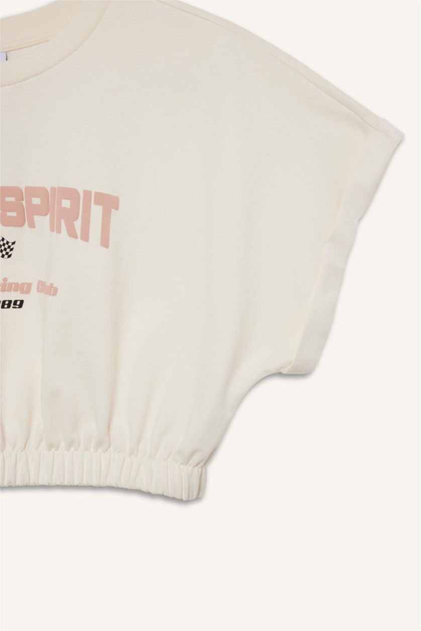 Kadın Ekru Cropped Fit Bisiklet Yaka Baskılı Sporcu Kısa Kollu Tişört