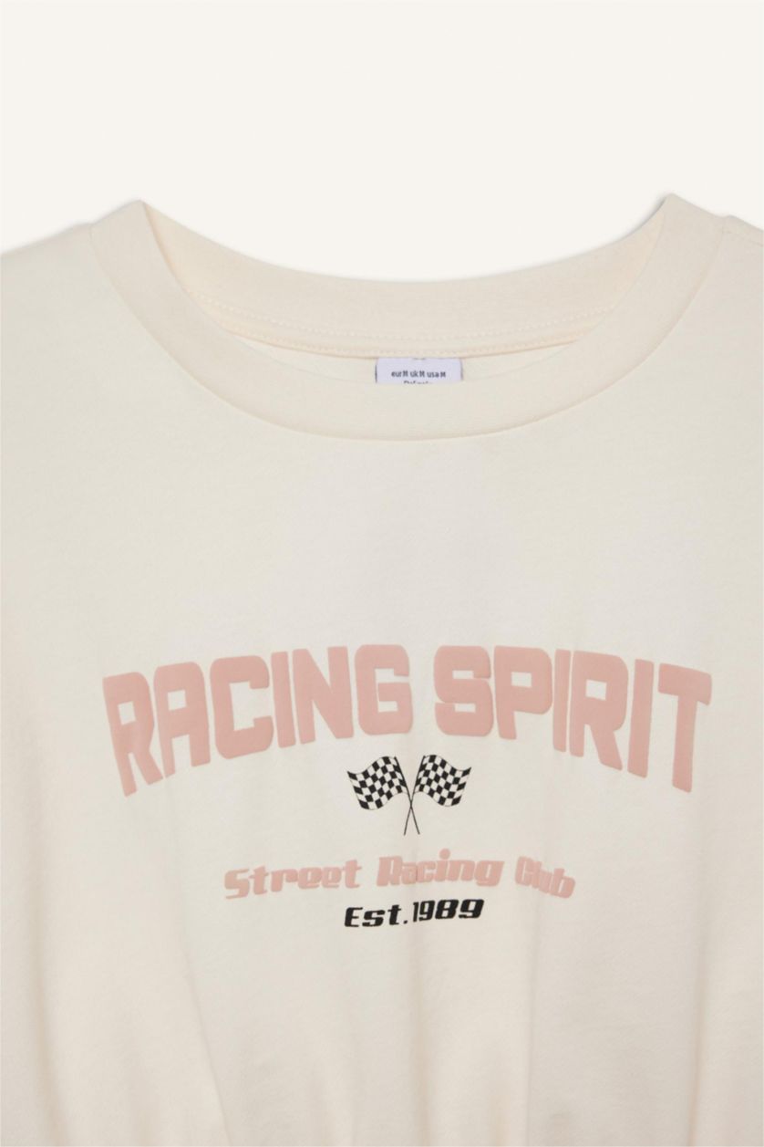 Kadın Ekru Cropped Fit Bisiklet Yaka Baskılı Sporcu Kısa Kollu Tişört