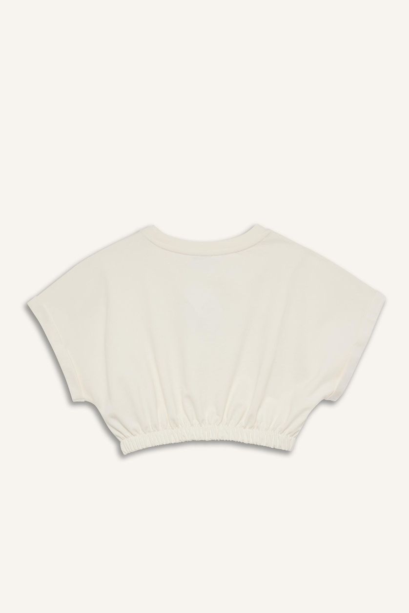 Kadın Ekru Cropped Fit Bisiklet Yaka Baskılı Sporcu Kısa Kollu Tişört