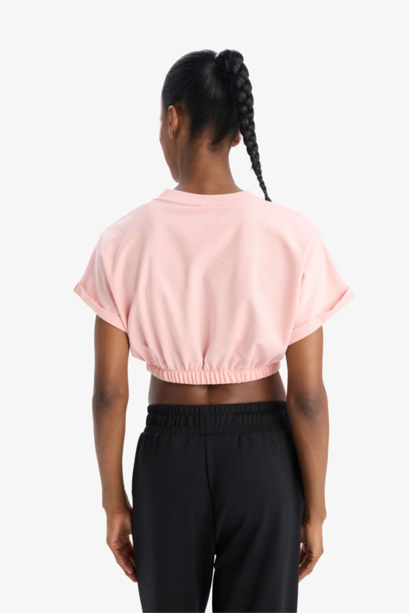 Kadın Pembe Cropped Fit Bisiklet Yaka Baskılı Sporcu Kısa Kollu Tişört