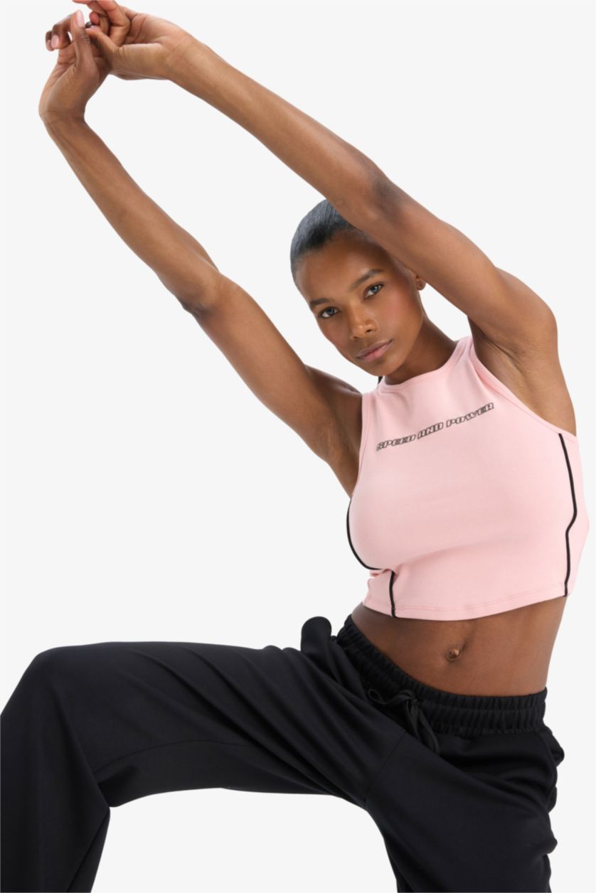 Kadın Pembe Crop Baskılı Bisiklet Yaka Ribana Sporcu Atlet