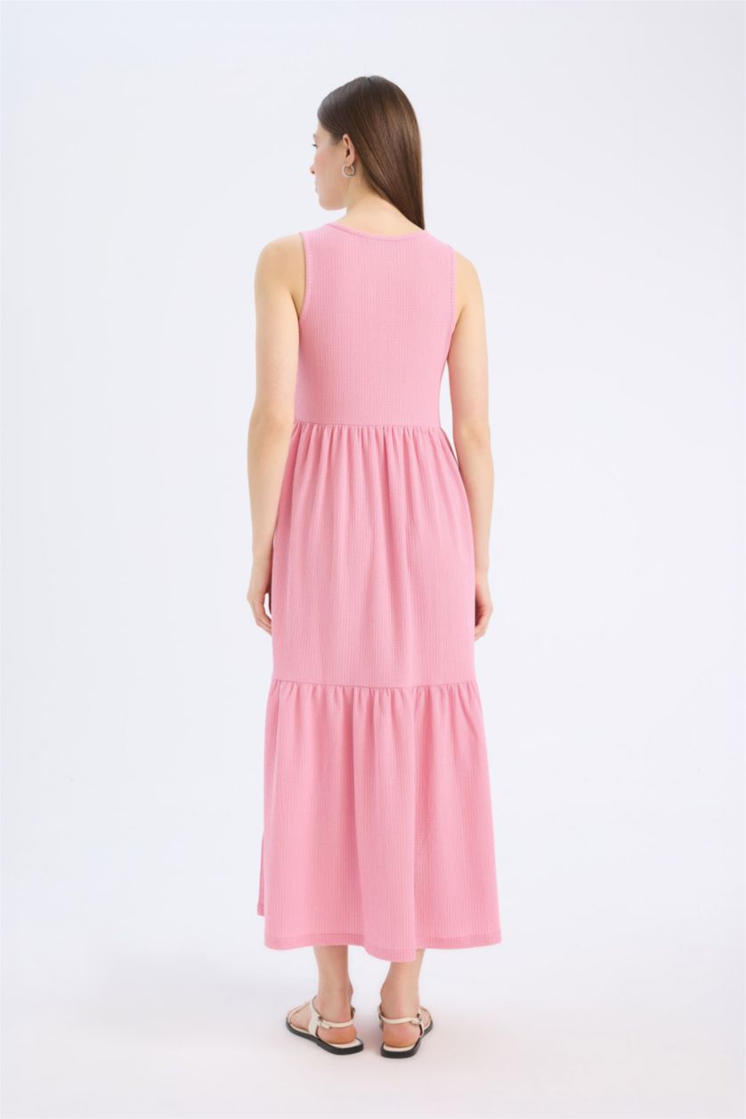 Әйелдерге Қызғылт дөңгелек жаға жеңсіз Қысқа жеңді трикотаж көйлек