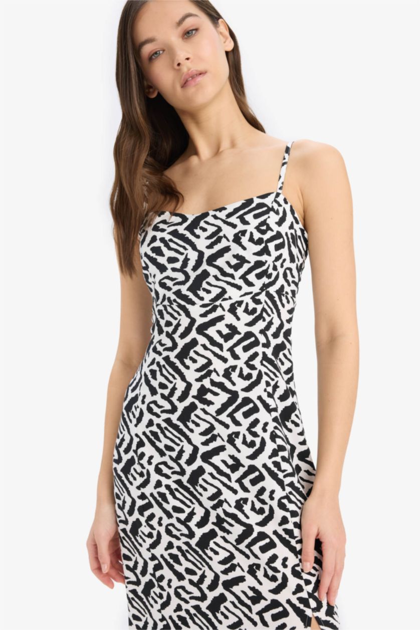 نساء أسود فستان ميدي كت مطبوع قصة مستقيمة بياخة مدورة