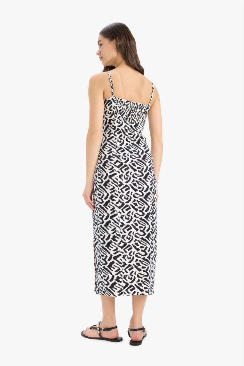 نساء أسود فستان ميدي كت مطبوع قصة مستقيمة بياخة مدورة