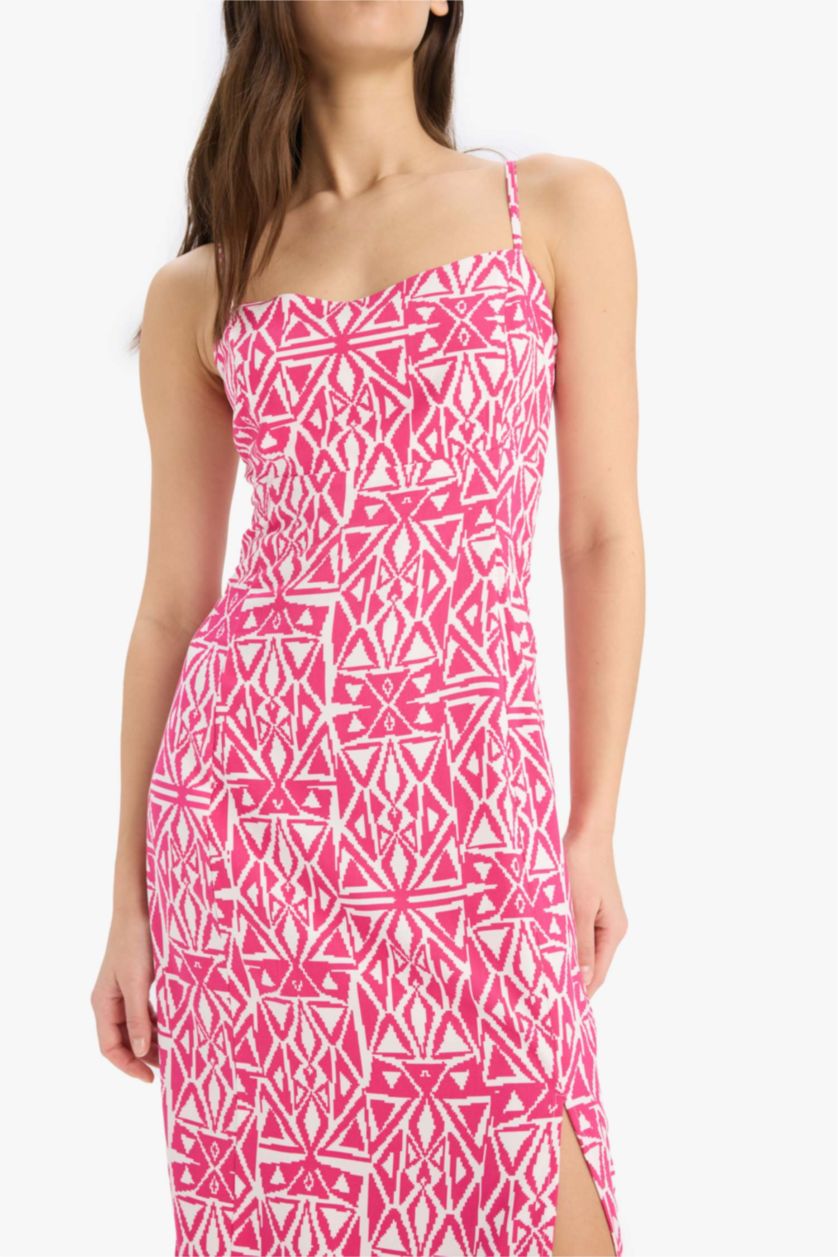 نساء زهري فستان ميدي كت مطبوع قصة مستقيمة بياخة مدورة