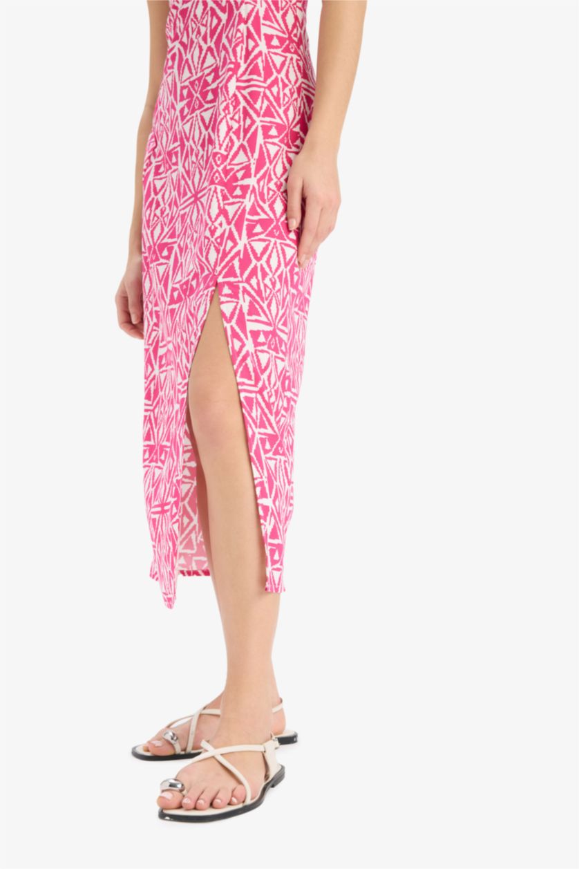 نساء زهري فستان ميدي كت مطبوع قصة مستقيمة بياخة مدورة