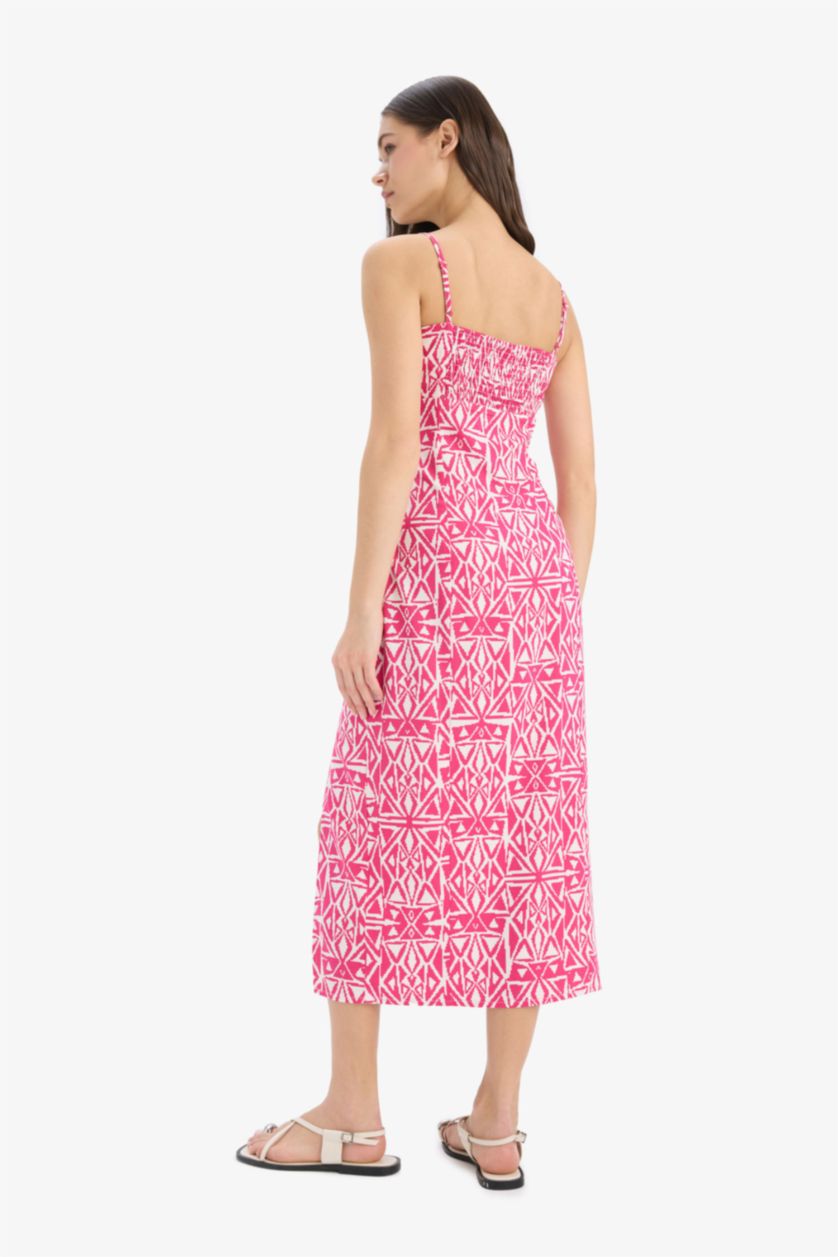 نساء زهري فستان ميدي كت مطبوع قصة مستقيمة بياخة مدورة