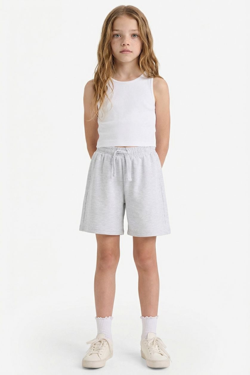 Kız Çocuk - Genç Kız Açık Gri Melange Relax Fit Beli Lastikli Basic Düz Şort Kız Çocuk