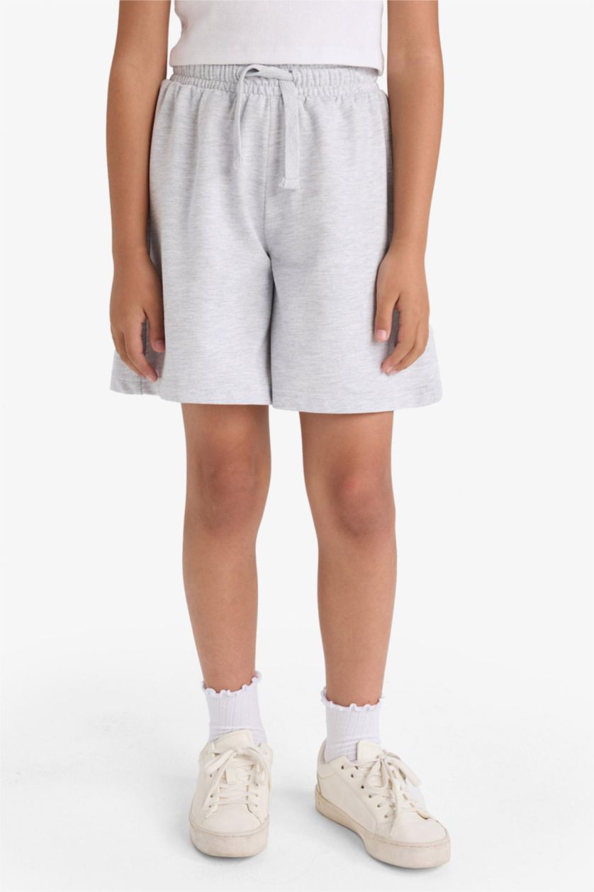 Kız Çocuk - Genç Kız Açık Gri Melange Relax Fit Beli Lastikli Basic Düz Şort Kız Çocuk