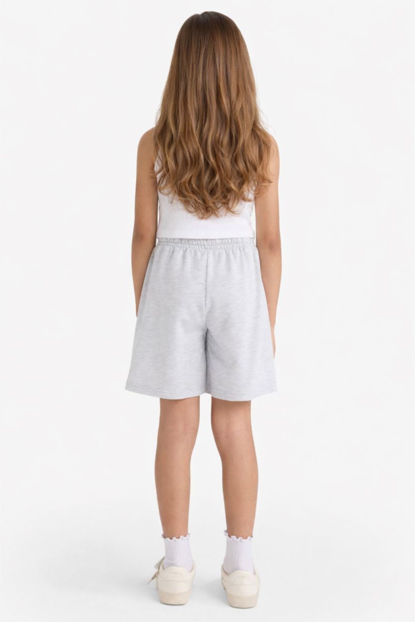 Kız Çocuk - Genç Kız Açık Gri Melange Relax Fit Beli Lastikli Basic Düz Şort Kız Çocuk