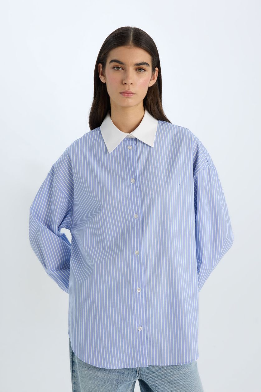 Kadın Mavi Oversize Geniş Kalıp Çizgili Poplin Uzun Kollu Gömlek