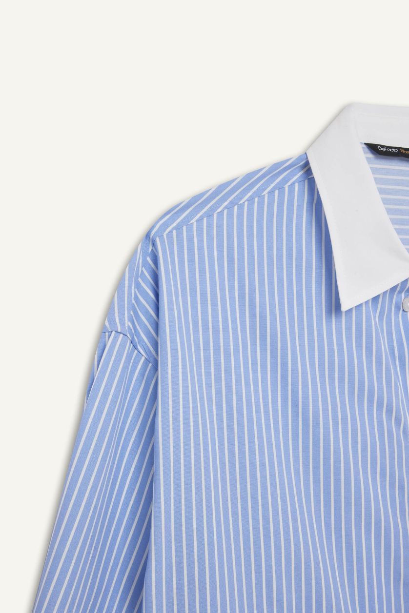 Kadın Mavi Oversize Geniş Kalıp Çizgili Poplin Uzun Kollu Gömlek