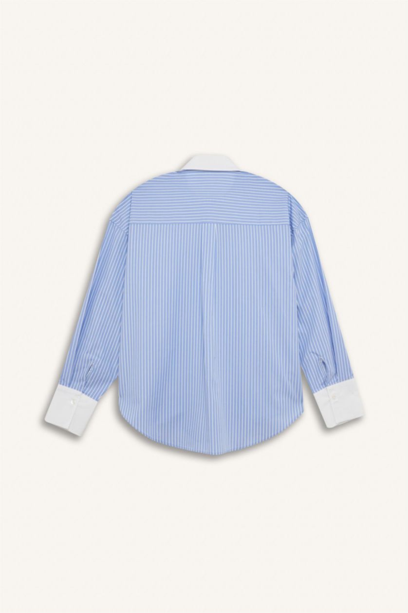 Kadın Mavi Oversize Geniş Kalıp Çizgili Poplin Uzun Kollu Gömlek