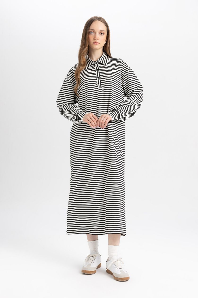 Kadın Siyah Relax Fit Çizgili Fermuarlı Polo Yaka Uzun Kollu Maxi Elbise