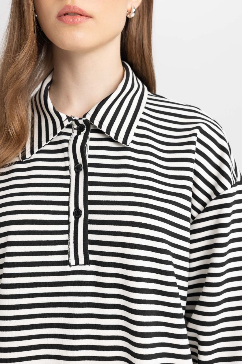 Kadın Siyah Relax Fit Çizgili Fermuarlı Polo Yaka Uzun Kollu Maxi Elbise