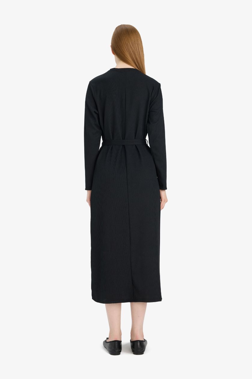 Kadın Siyah Regular Fit Bisiklet Yaka Bağlamalı Uzun Kollu Maxi Elbise