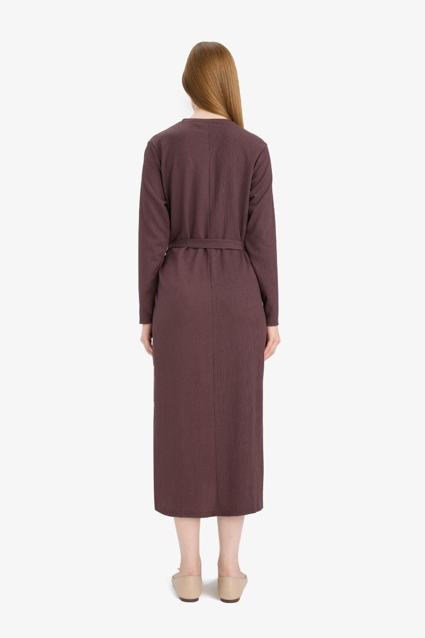 Kadın Kahve Regular Fit Bisiklet Yaka Bağlamalı Uzun Kollu Maxi Elbise