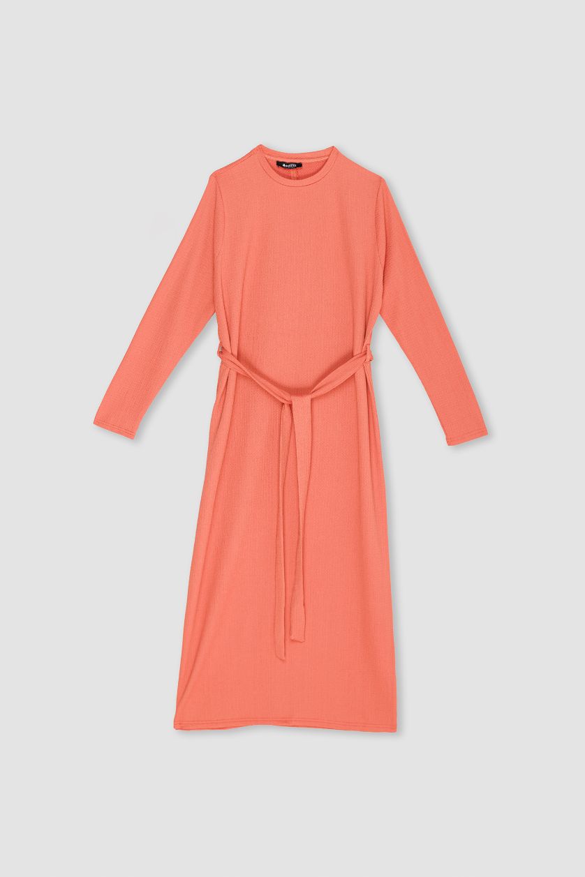 حريمي برتقالي فستان قصة عادية برقبة مستديرة