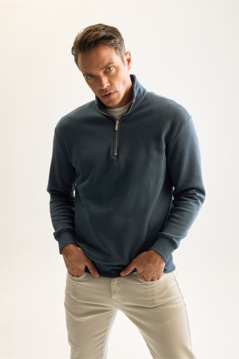 Erkek Petrol 3 İplik Pamuklu Şardonlu İçi Polarlı Comfort Regular Fit Rahat Kalıp Dik Yaka Fermuarlı Kalın Sweatshirt