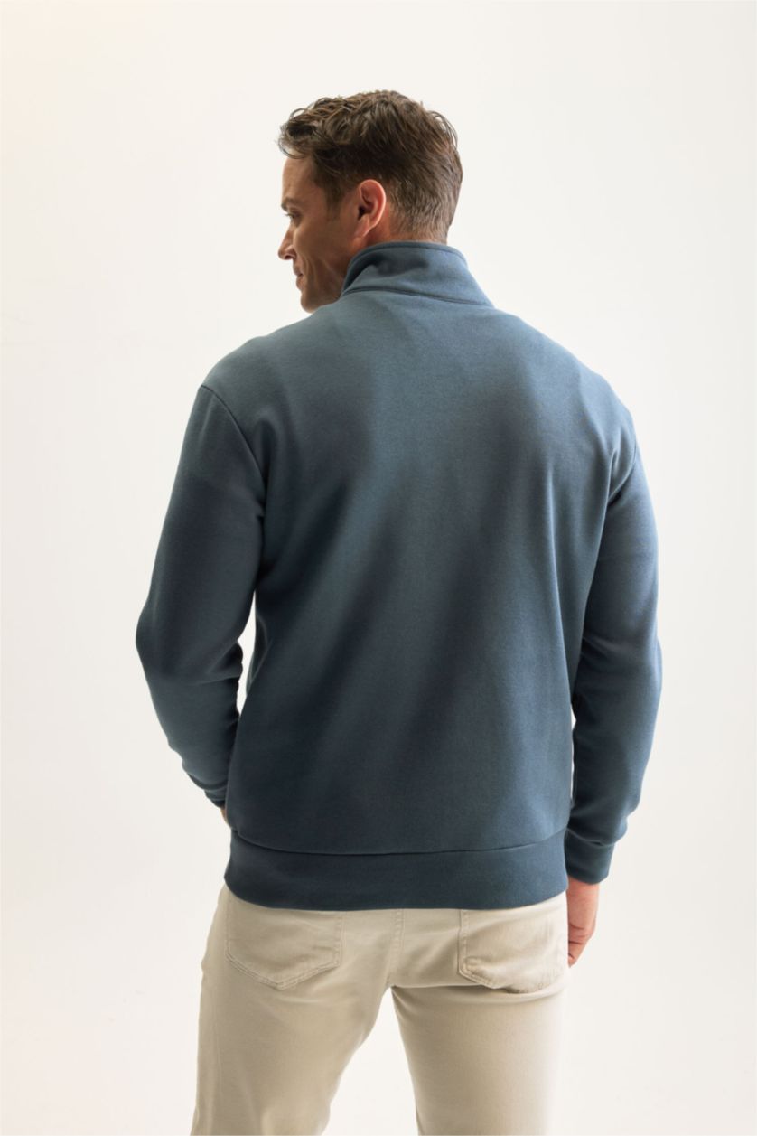 Erkek Petrol 3 İplik Pamuklu Şardonlu İçi Polarlı Comfort Regular Fit Rahat Kalıp Dik Yaka Fermuarlı Kalın Sweatshirt