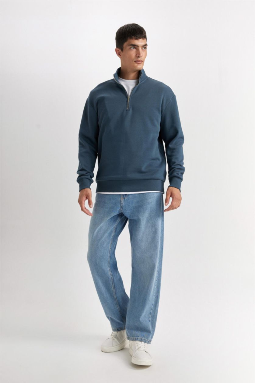 Erkek Petrol 3 İplik Pamuklu Şardonlu İçi Polarlı Comfort Regular Fit Rahat Kalıp Dik Yaka Fermuarlı Kalın Sweatshirt