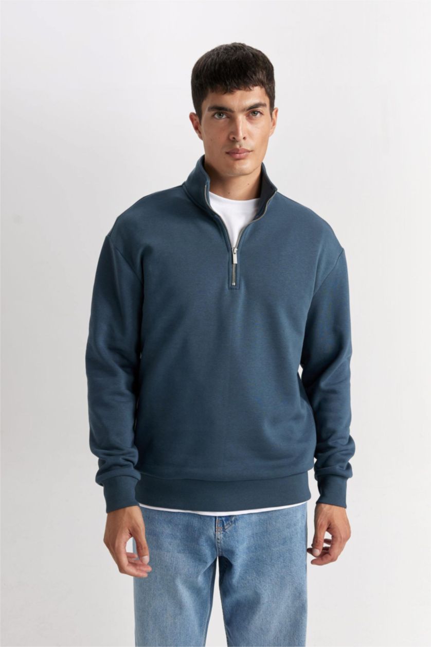 Erkek Petrol 3 İplik Pamuklu Şardonlu İçi Polarlı Comfort Regular Fit Rahat Kalıp Dik Yaka Fermuarlı Kalın Sweatshirt