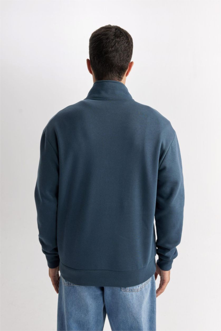 Erkek Petrol 3 İplik Pamuklu Şardonlu İçi Polarlı Comfort Regular Fit Rahat Kalıp Dik Yaka Fermuarlı Kalın Sweatshirt