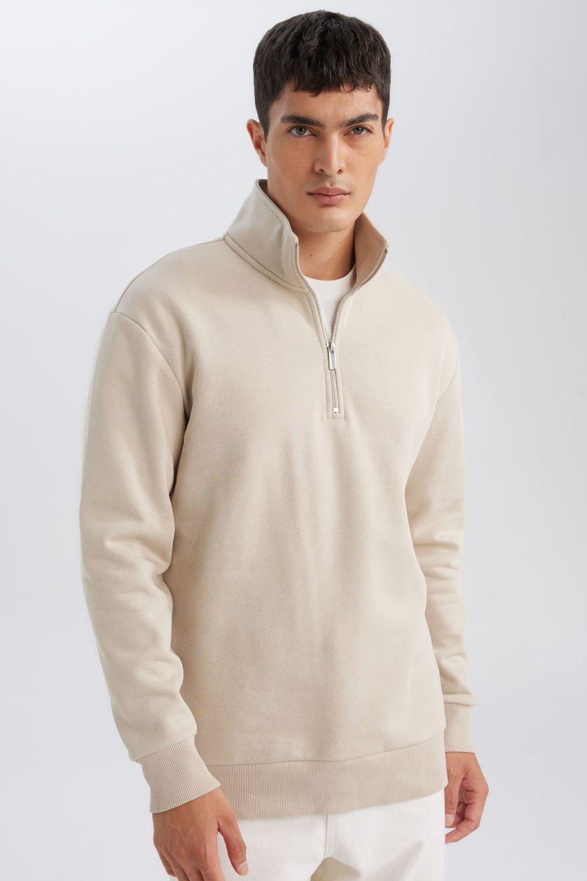 Erkek Taş 3 İplik Pamuklu Şardonlu İçi Polarlı Comfort Regular Fit Rahat Kalıp Dik Yaka Fermuarlı Kalın Sweatshirt