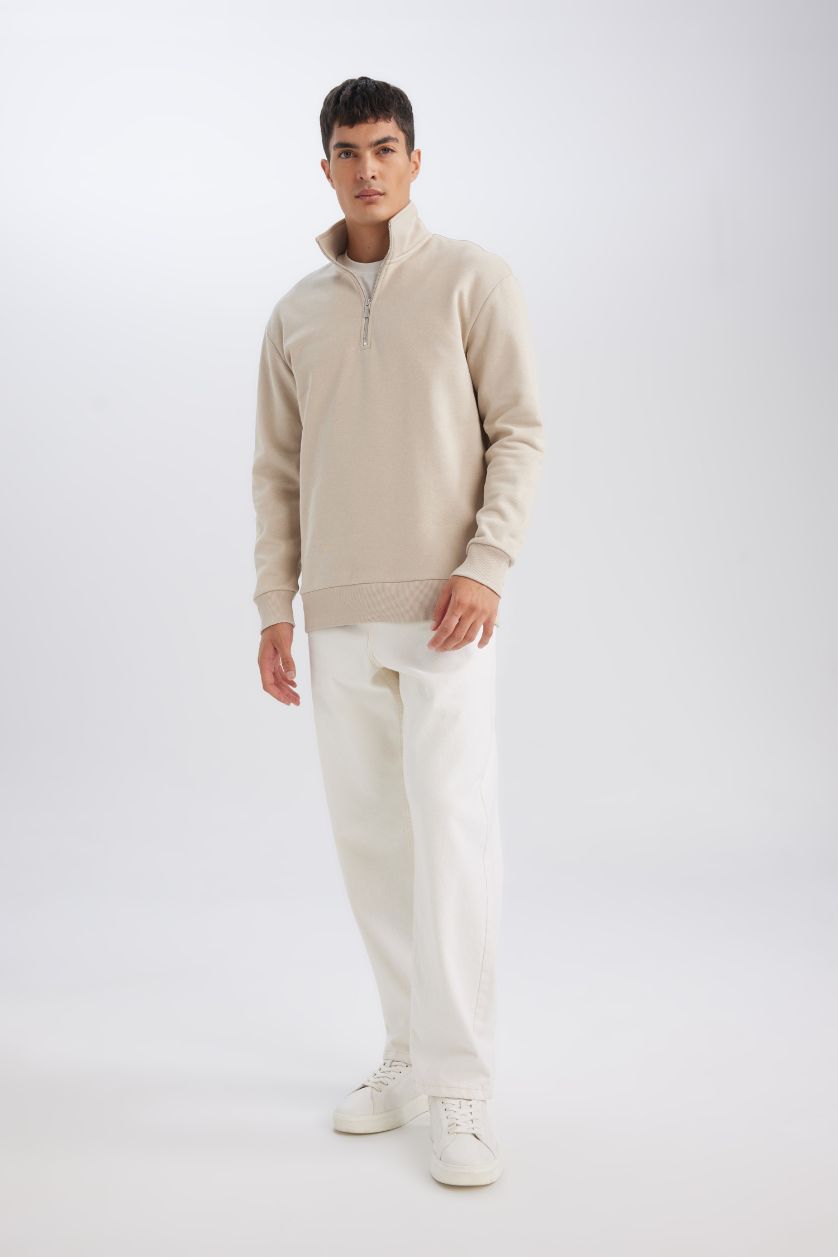 Erkek Taş 3 İplik Pamuklu Şardonlu İçi Polarlı Comfort Regular Fit Rahat Kalıp Dik Yaka Fermuarlı Kalın Sweatshirt