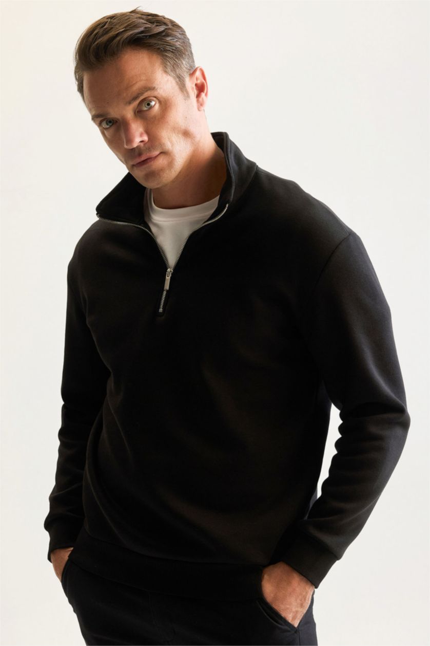 Erkek Siyah Comfort Fıt Kalın Sweatshirt Kumaşı Sweatshirt