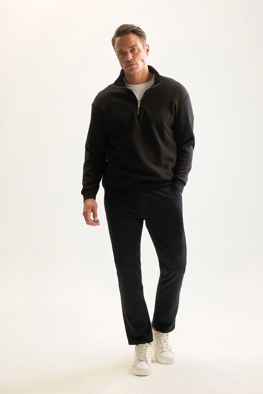 Erkek Siyah Comfort Fıt Kalın Sweatshirt Kumaşı Sweatshirt