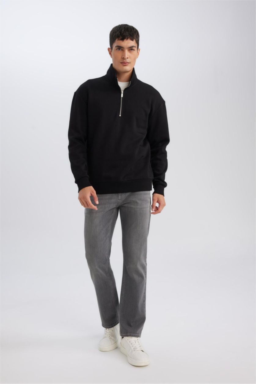 Erkek Siyah Comfort Fıt Kalın Sweatshirt Kumaşı Sweatshirt