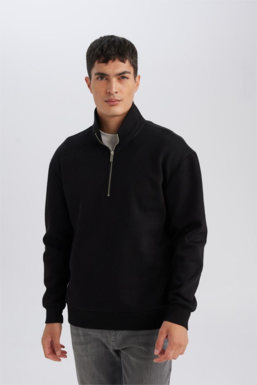 Erkek Siyah Comfort Fıt Kalın Sweatshirt Kumaşı Sweatshirt