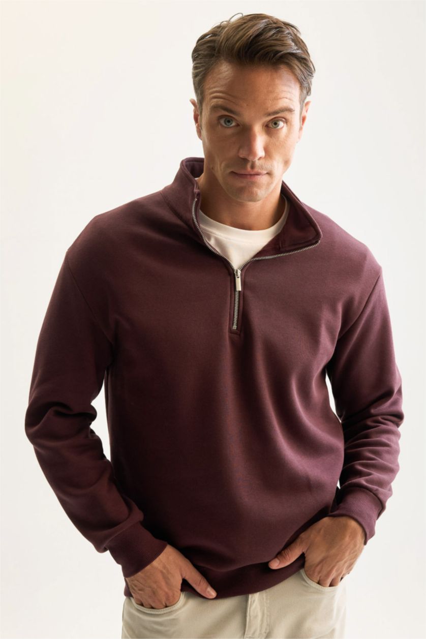 Erkek Koyu Bordo Comfort Fıt Kalın Sweatshirt Kumaşı Sweatshirt