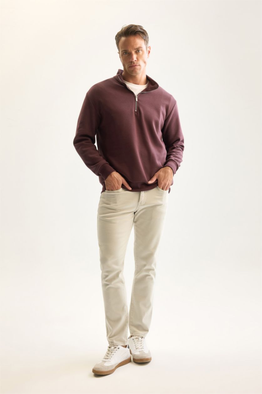 Erkek Koyu Bordo Comfort Fıt Kalın Sweatshirt Kumaşı Sweatshirt