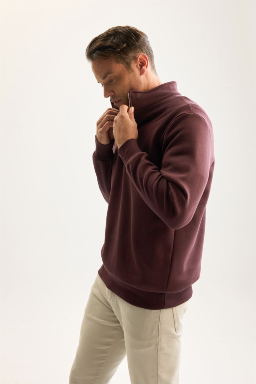 Erkek Koyu Bordo Comfort Fıt Kalın Sweatshirt Kumaşı Sweatshirt