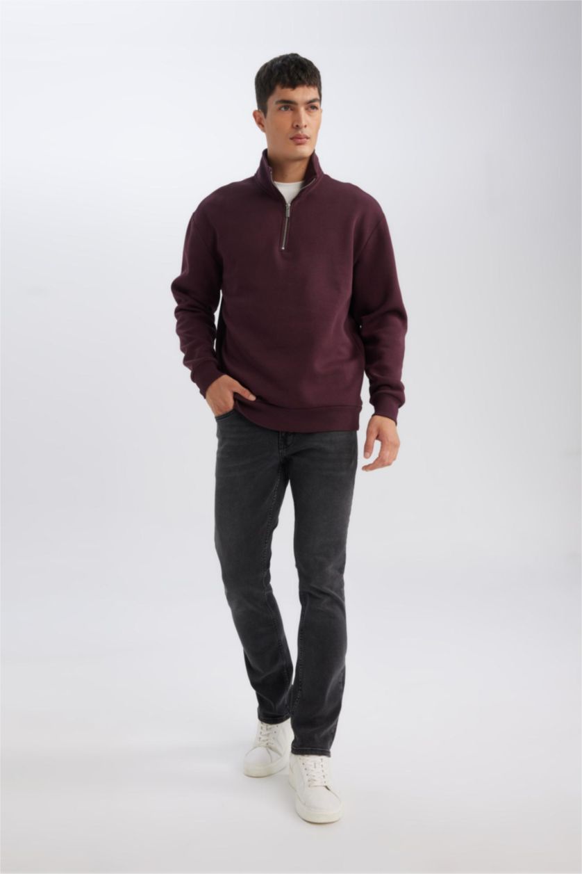 Erkek Koyu Bordo Comfort Fıt Kalın Sweatshirt Kumaşı Sweatshirt