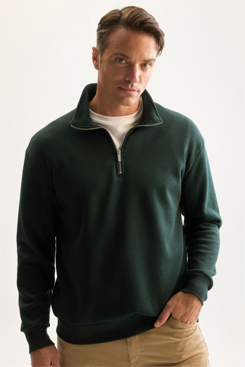 Erkek Koyu Yeşil Comfort Fıt Kalın Sweatshirt Kumaşı Sweatshirt