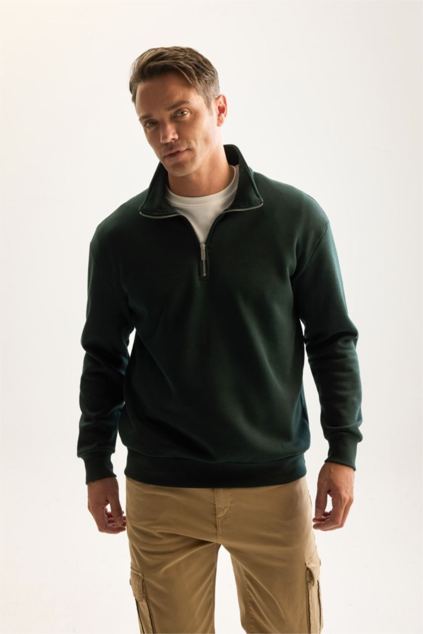 Erkek Koyu Yeşil Comfort Fıt Kalın Sweatshirt Kumaşı Sweatshirt
