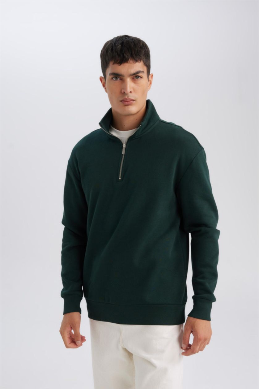 Erkek Koyu Yeşil Comfort Fıt Kalın Sweatshirt Kumaşı Sweatshirt