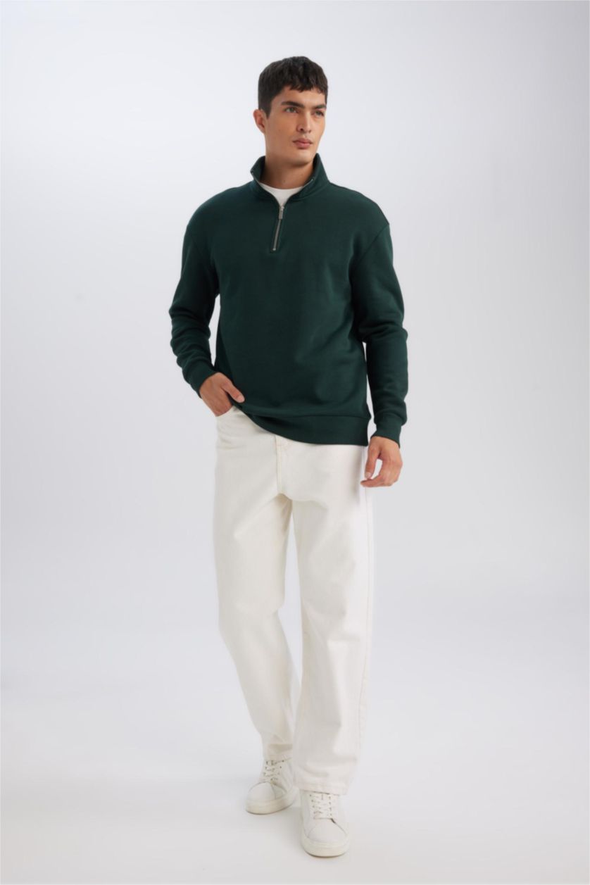 Erkek Koyu Yeşil Comfort Fıt Kalın Sweatshirt Kumaşı Sweatshirt