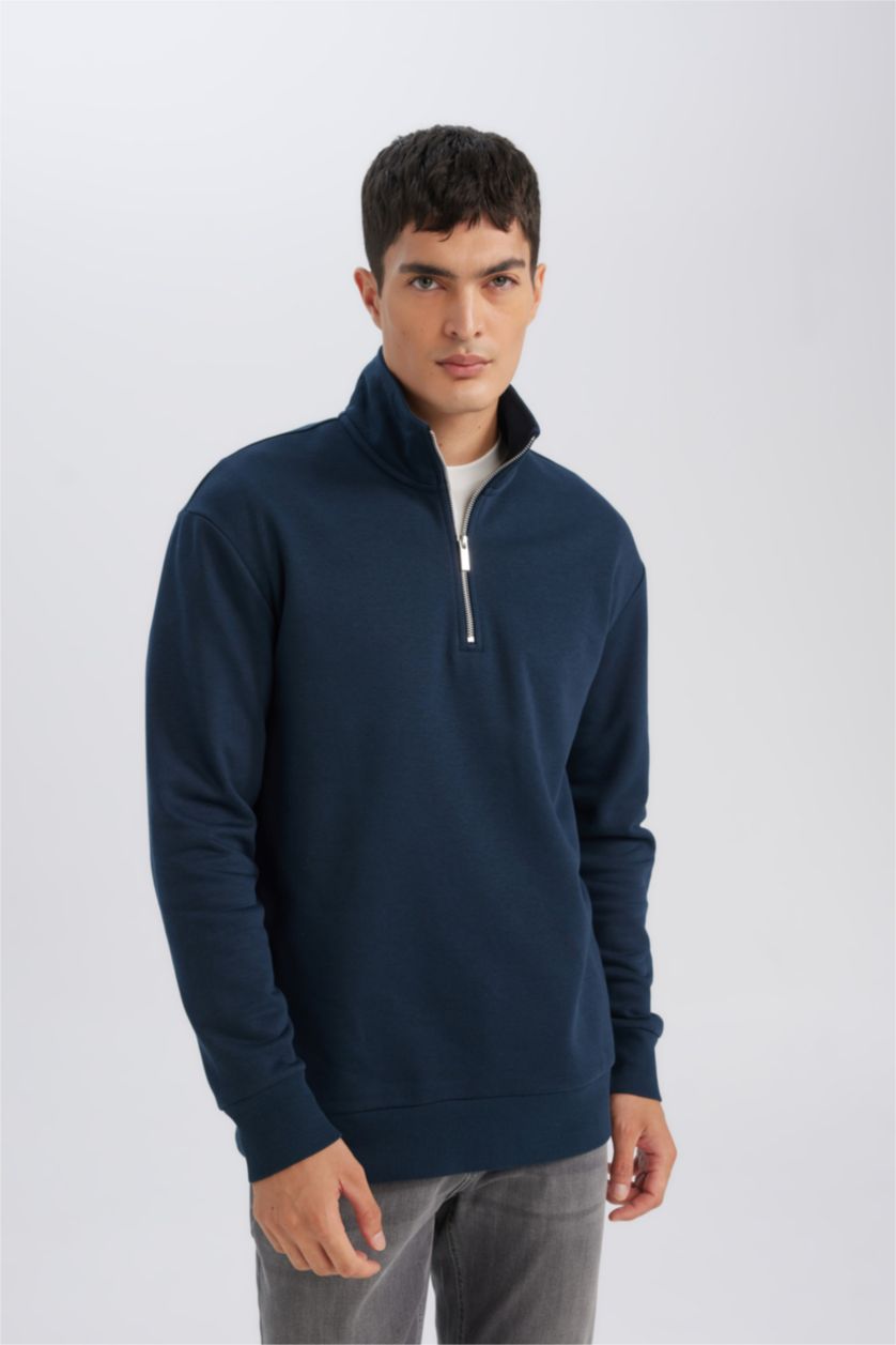 Erkek Lacivert Comfort Fıt Kalın Sweatshirt Kumaşı Sweatshirt