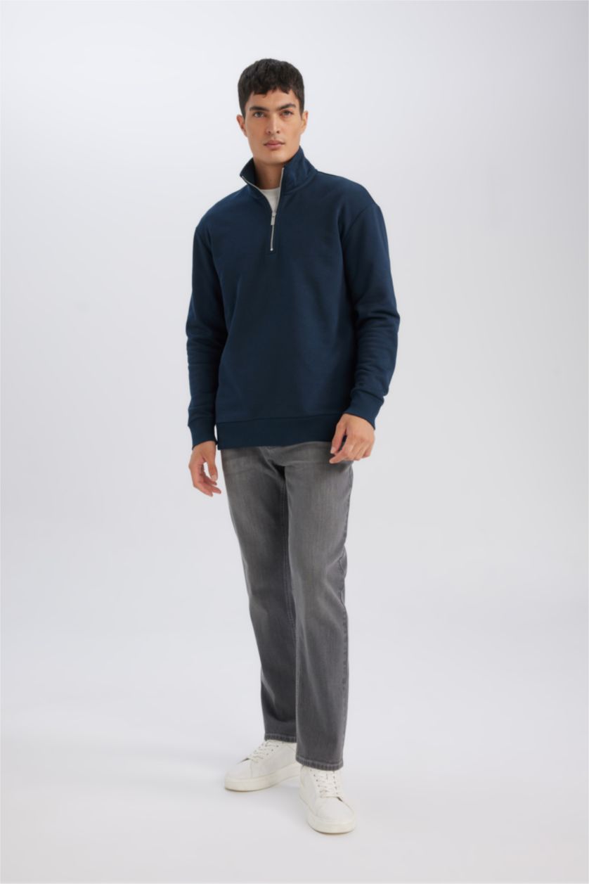 Erkek Lacivert Comfort Fıt Kalın Sweatshirt Kumaşı Sweatshirt