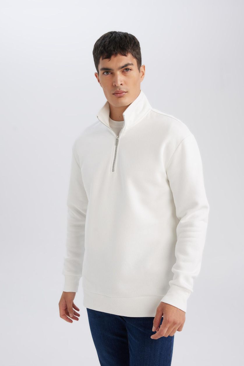 Erkek Kırık Beyaz 3 İplik Pamuklu Şardonlu İçi Polarlı Comfort Regular Fit Rahat Kalıp Dik Yaka Fermuarlı Kalın Sweatshirt