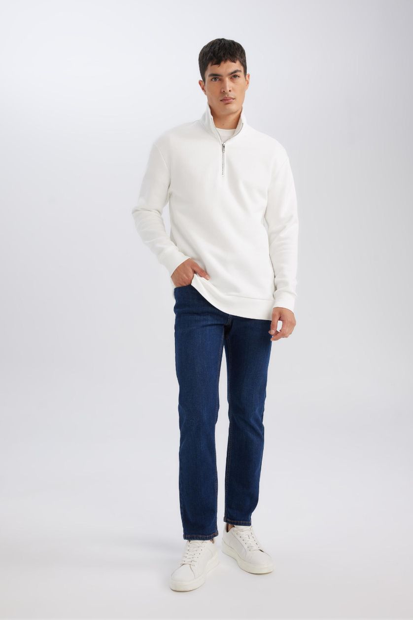 Erkek Kırık Beyaz 3 İplik Pamuklu Şardonlu İçi Polarlı Comfort Regular Fit Rahat Kalıp Dik Yaka Fermuarlı Kalın Sweatshirt