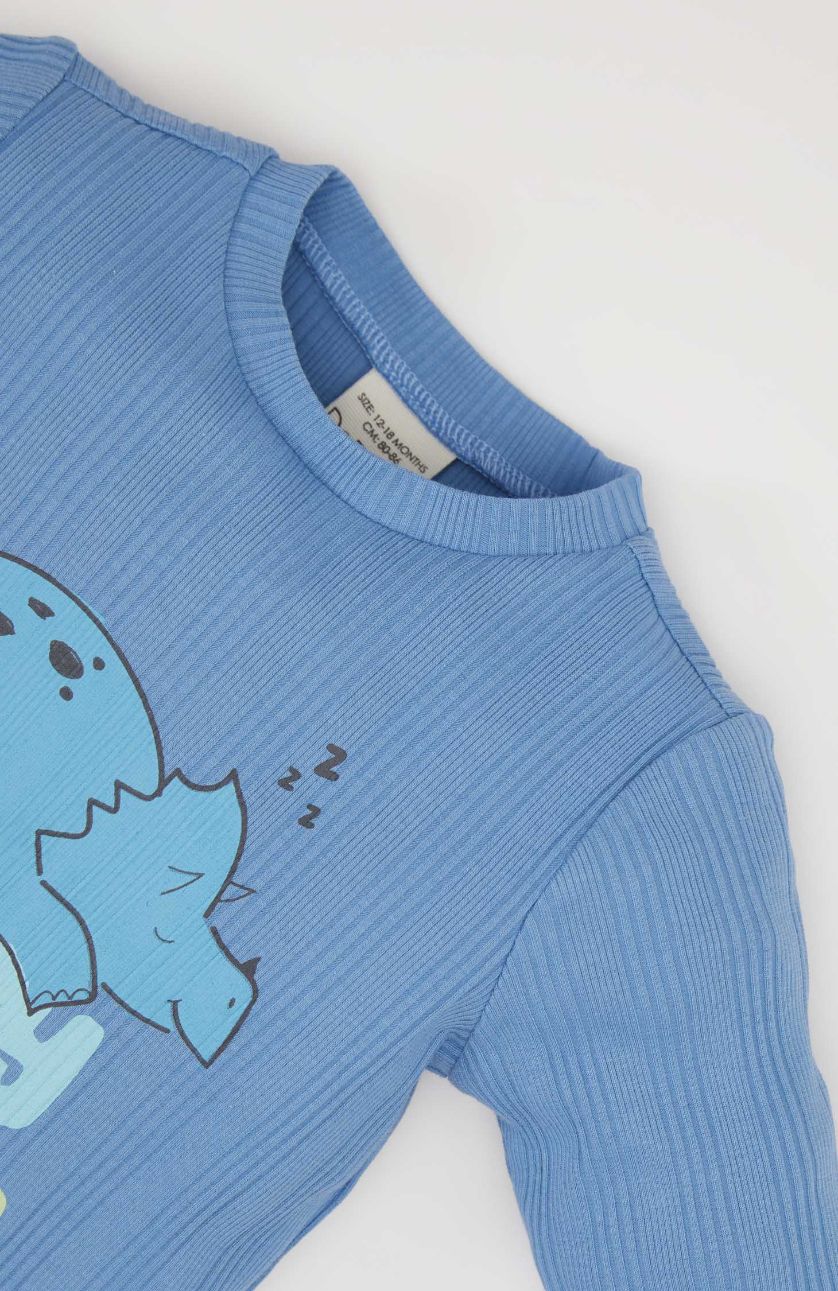 طفل صغير أزرق طقم بيجاما بيبي اولادي مضلع قصة عادية بطبعة ديناصور - قطعتين