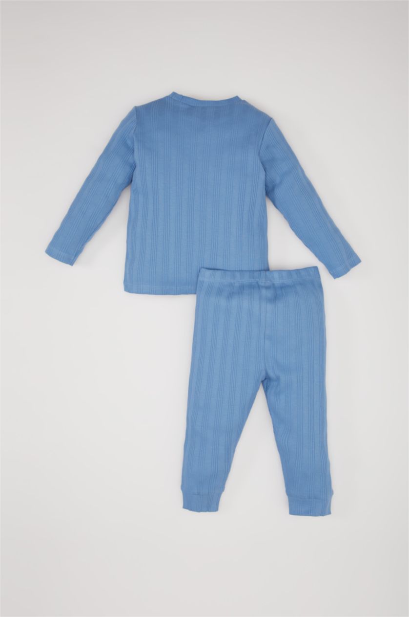 طفل صغير أزرق طقم بيجاما بيبي اولادي مضلع قصة عادية بطبعة ديناصور - قطعتين