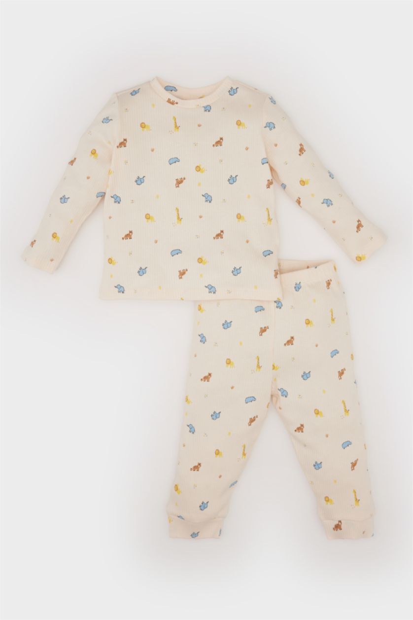 Erkek Bebek Bej Pijama Takımı Safari Baskılı Fitilli Kaşkorse Uzun Kollu Üst Beli Lastikli Uzun Alt Erkek Bebek